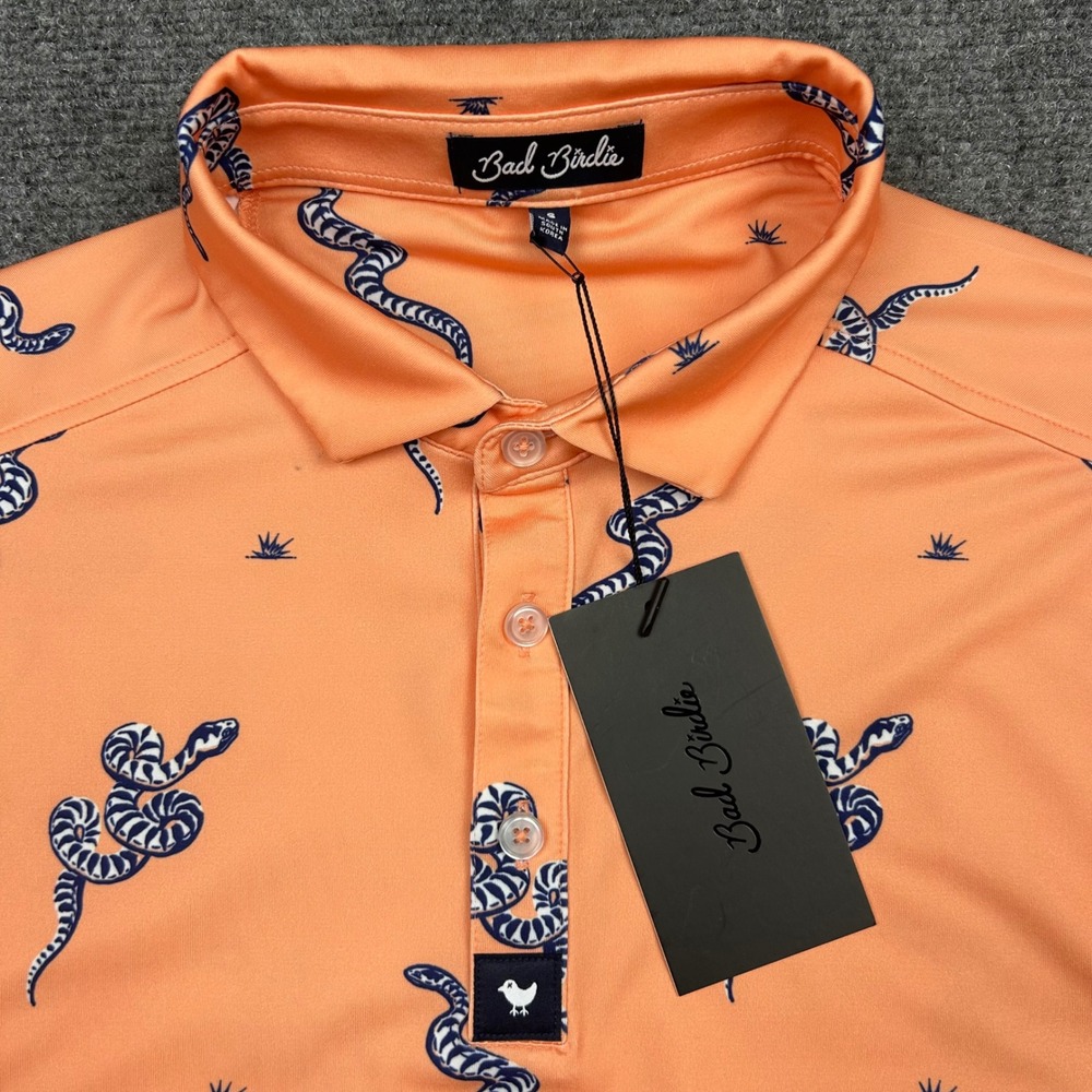 Bad Birdie Polo Mens S Peach Sidewinder Sunday Snake Print Golf Core Shirt NWT